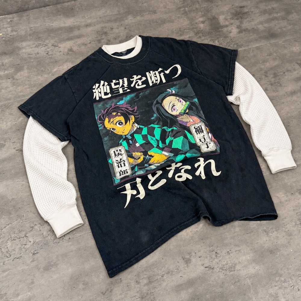 Y2K Demon Slayer Anime Black Tanjiro Nezuko Anime Graphic T-Shirt Black Small